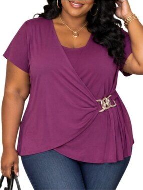 Rachel Rachel Plus Size 1X Top Short Sleeve Purple Chain Accent